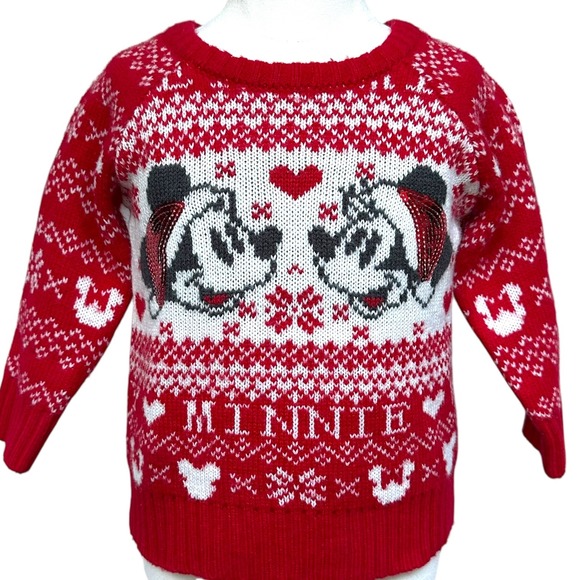 Disney Minnie Mouse Sweater Kids 18M Red White Festive Holiday Sequin Knit Top - Picture 1 of 11
